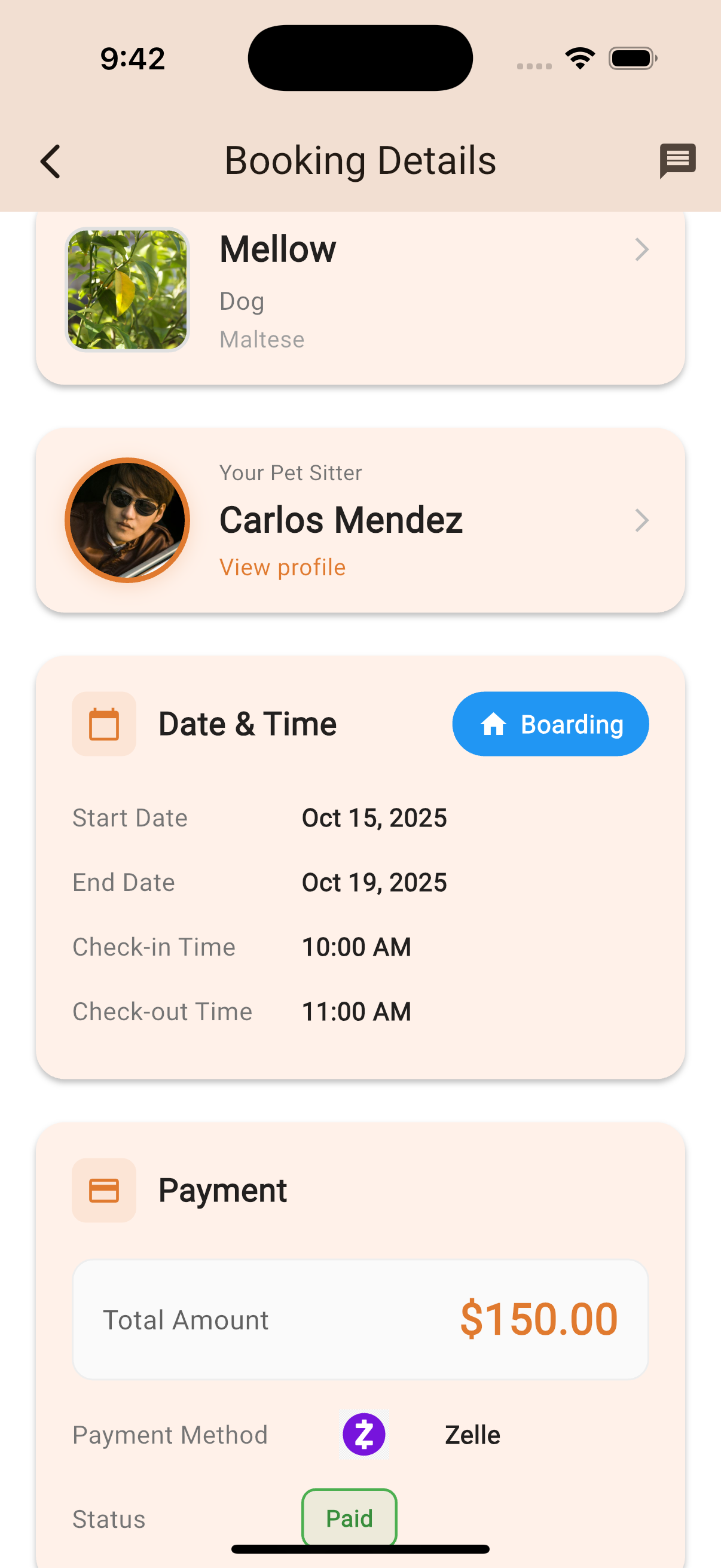 Details of the booking