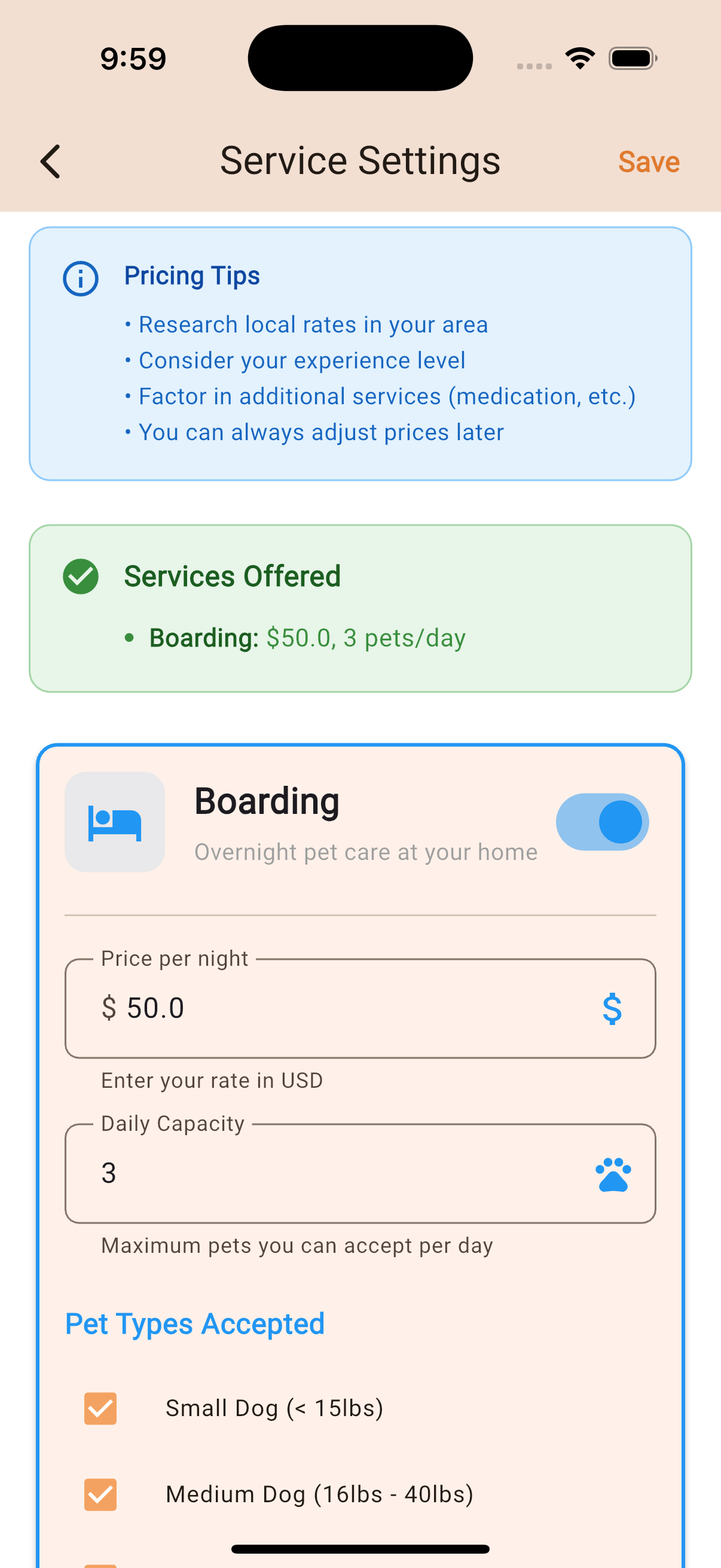 Set your offered services, and own pricing - 1